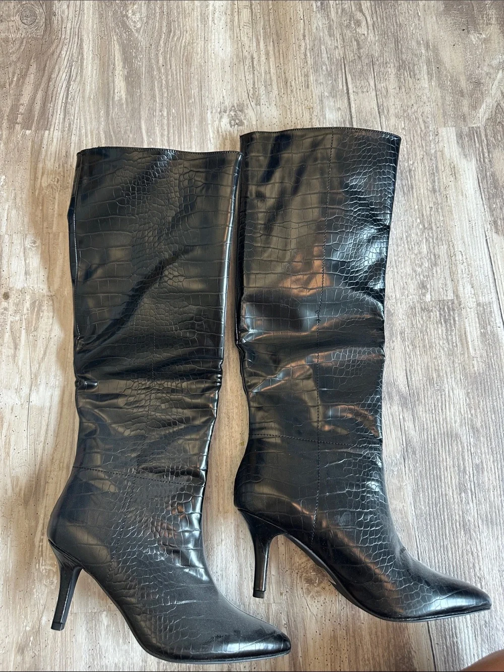 Black Croc-Embossed Knee-High Stiletto Boots - Women 3” heel size 9
